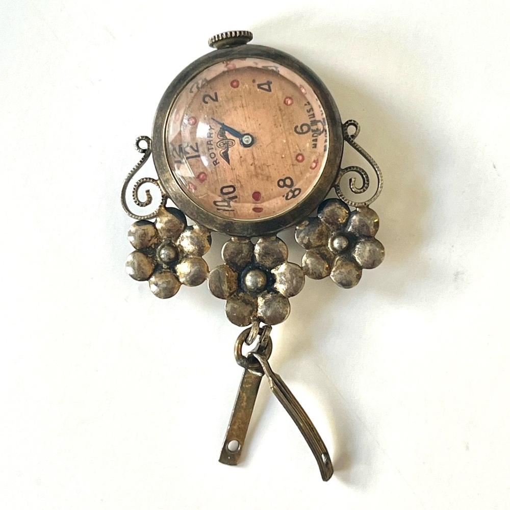 vintage antique copper engraved flower clock necklace pendant with fringe